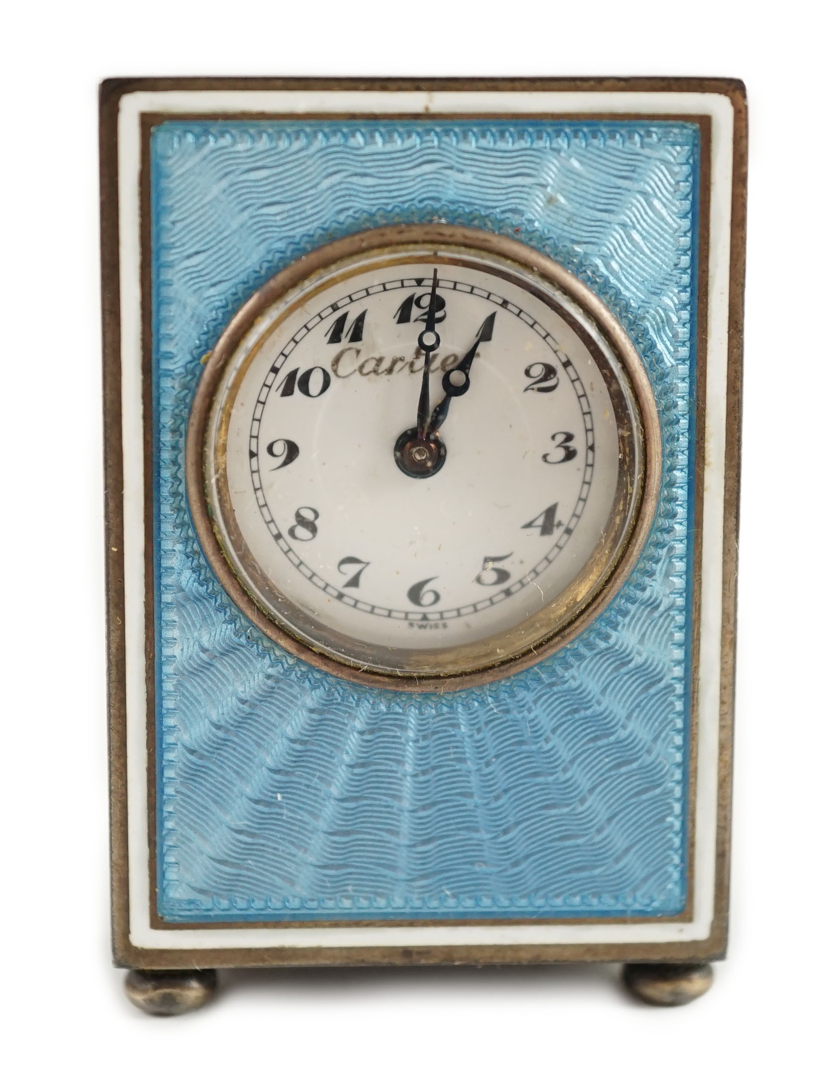 An early 20th century European Watch & Clock Company for Cartier, sterling silver and two colour enamel miniature rectangular carriage timepiece